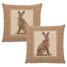 Hines of Oxford Pair of Country Hare Left & Right Tapestry Cushions
